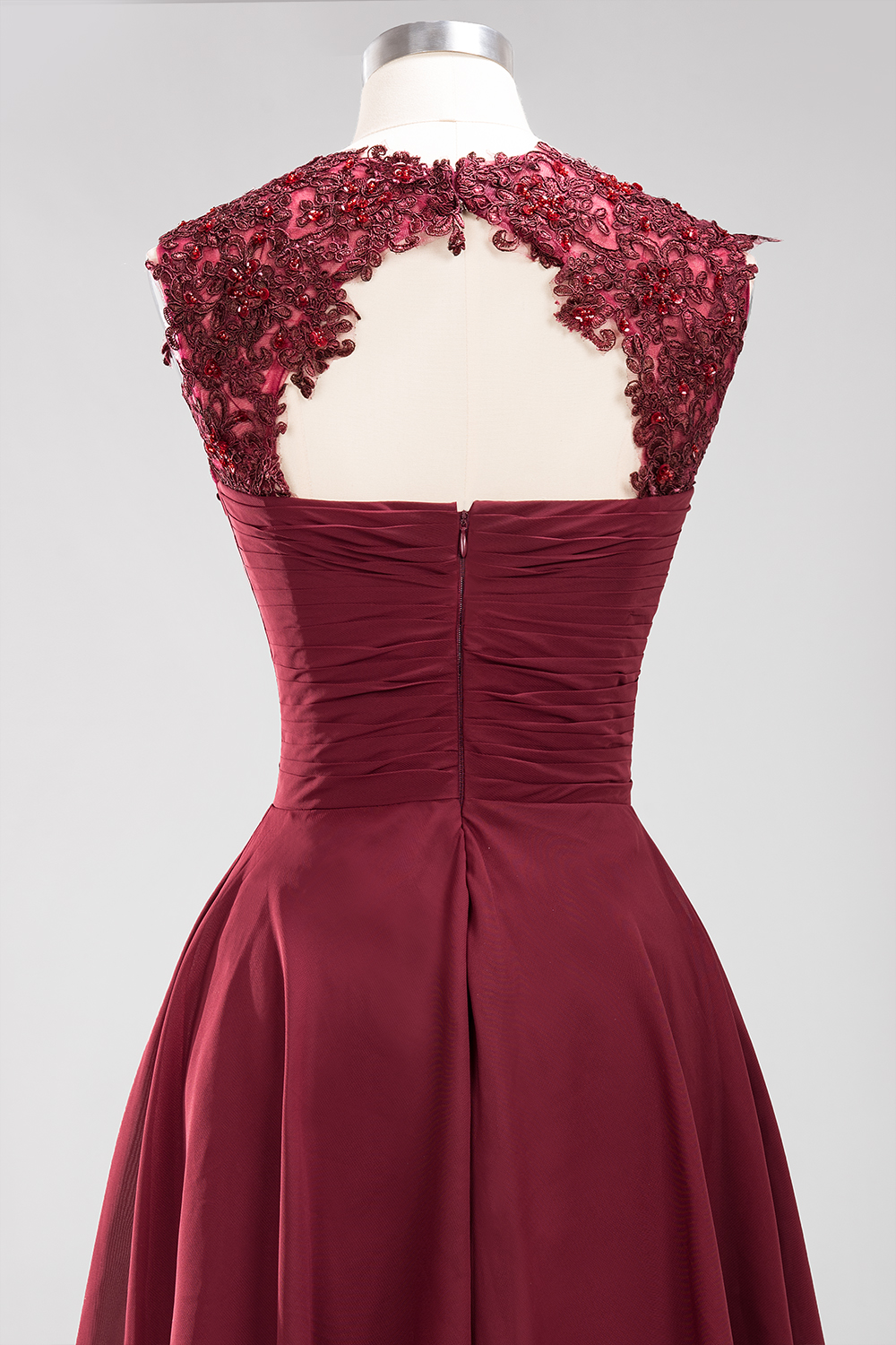 27prom Cute Chiffon Round Neck Short Burgundy Bridesmaid Dresses with Appliques-27prom