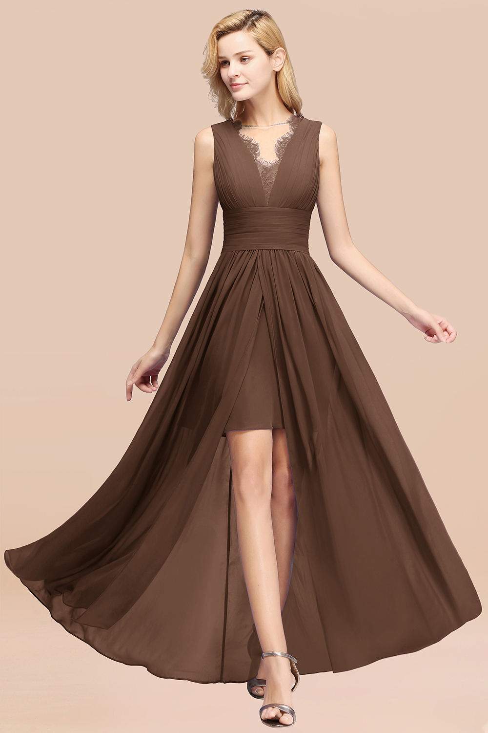 27prom Elegant Chiffon Lace Jewel Sleeveless Bridesmaid Dress with Ruffle-27prom
