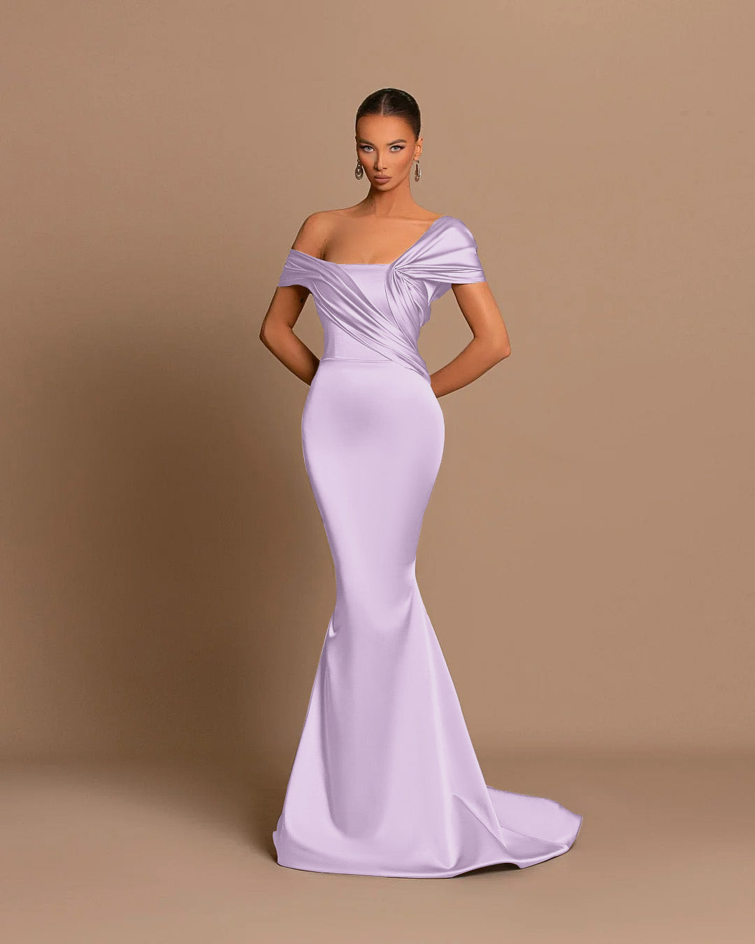 Grey Off-The-Shoulder Evening Dress Bateau Pleated Ball Gown