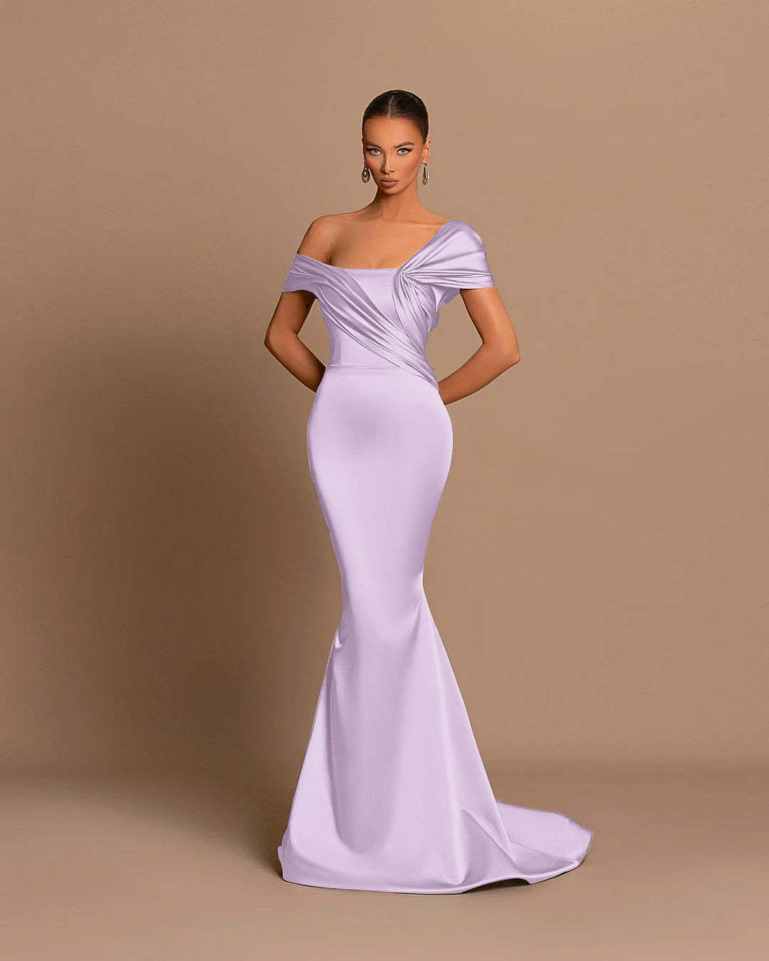 Grey Off-The-Shoulder Evening Dress Bateau Pleated Ball Gown