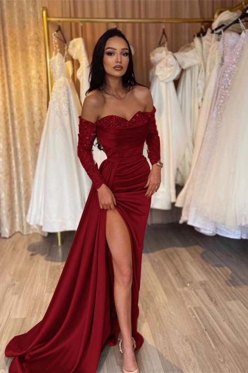 Off the Shoulder Long Sleeves Long Mermaid Prom Dress With Pleated