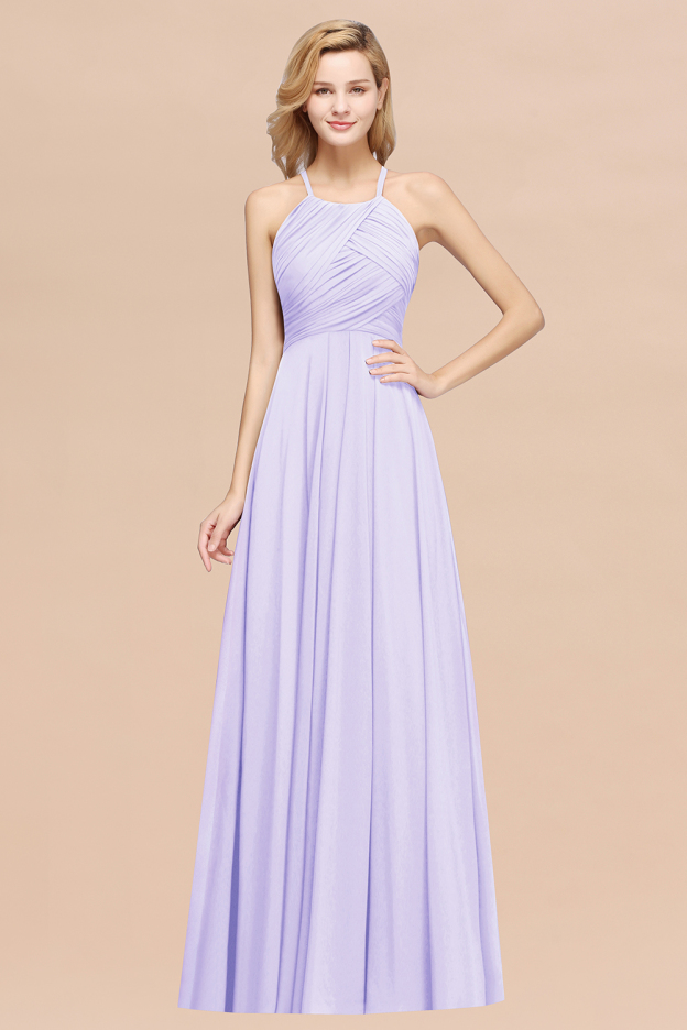 27prom Halter Crisscross Pleated Bridesmaid Dress Blue Chiffon Sleeveless Maid of Honor Dress-27prom
