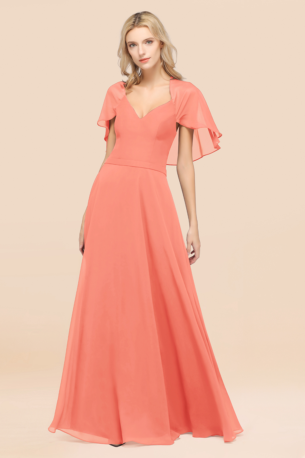 27prom Chic Satin V-Neck Long Burgundy Chiffon Bridesmaid Dress with Flutter Sleeve-27prom