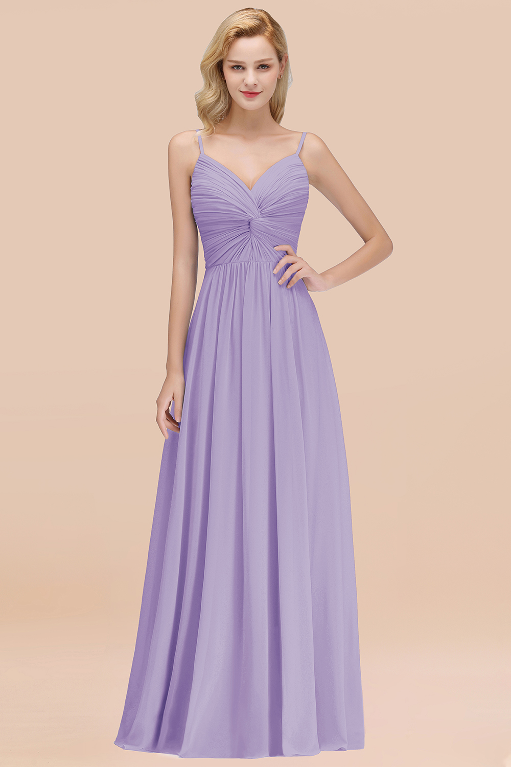 27prom Chic V-Neck Pleated Backless Bridesmaid Dresses with Spaghetti Straps-27prom