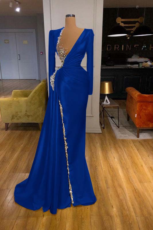 Charming Long Sleeves Yellow Split Long Prom Dress With Beadings Sequins