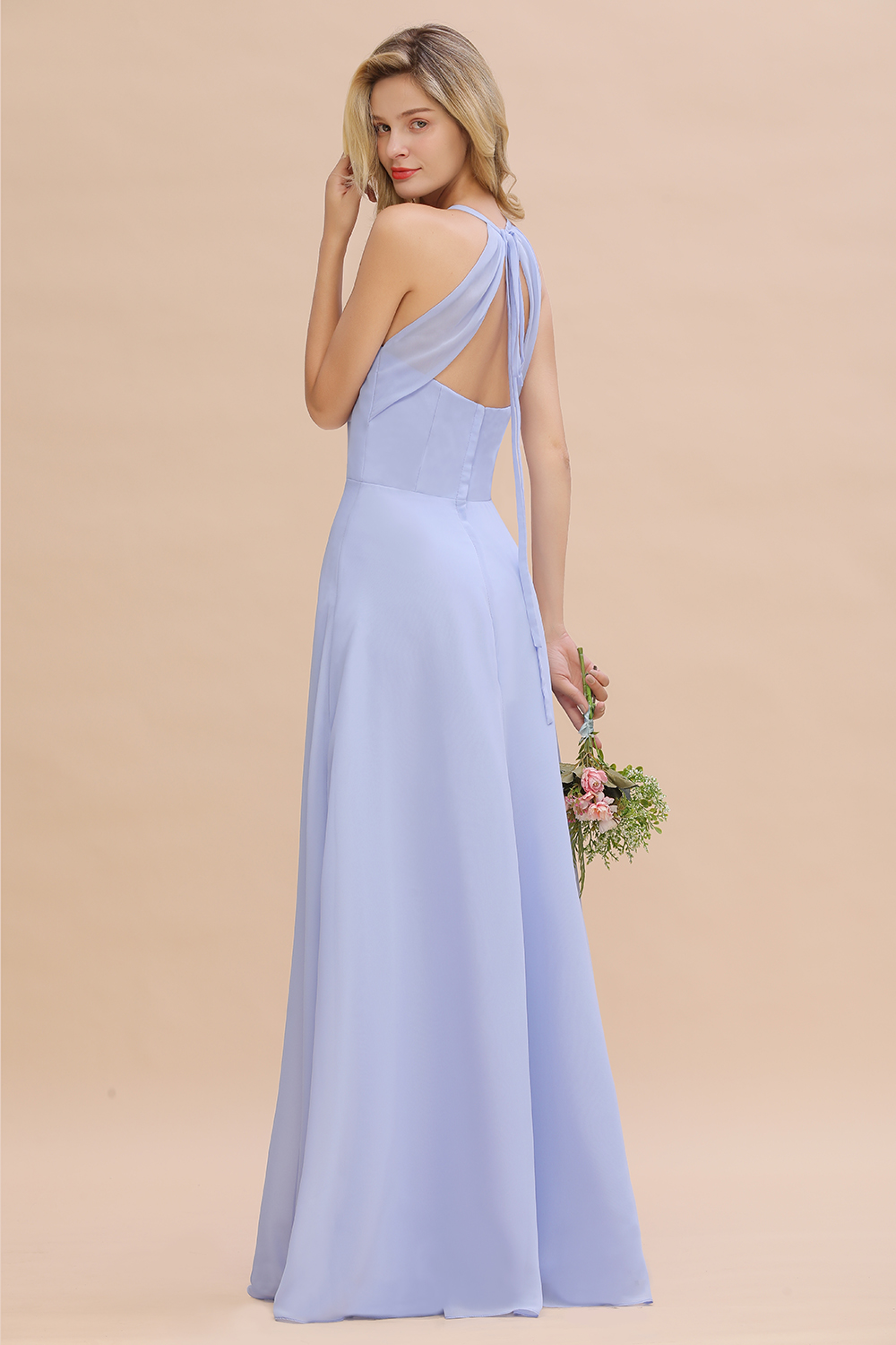 27prom Modest Halter V-Neck Sleeveless Long Bridesmaid Dresses Online-27prom