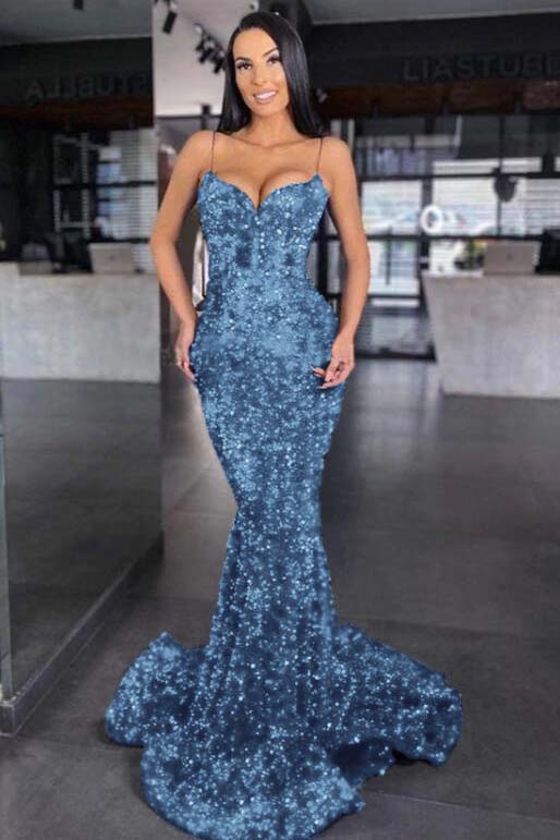 Sweetheart Royal Blue Spaghetti Strap Mermaid Long Prom Dress With Sequins
