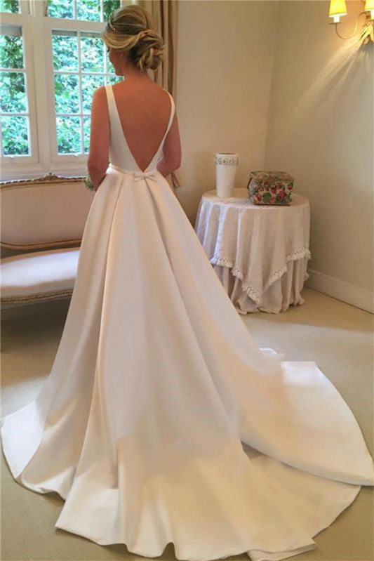 Chic Sleeveless Satin Princess Wedding Dress with Open Back