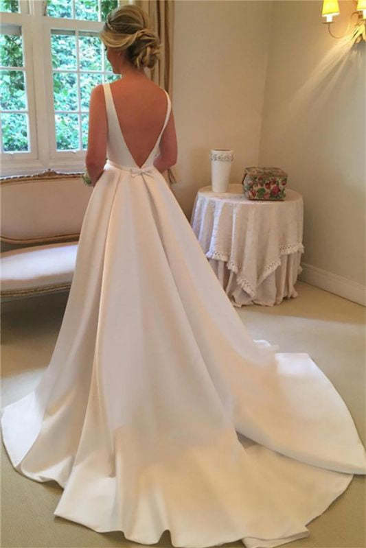 Chic Sleeveless Satin Princess Wedding Dress with Open Back