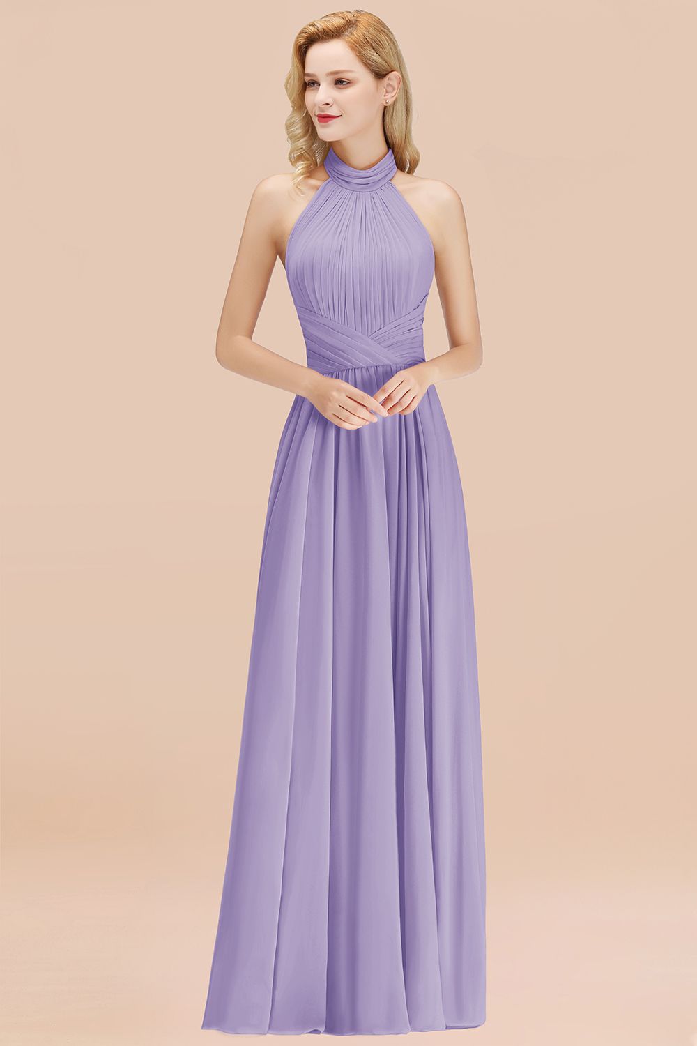 27prom Gorgeous High-Neck Halter Backless Bridesmaid Dress Dusty Rose Chiffon Maid of Honor Dress-27prom