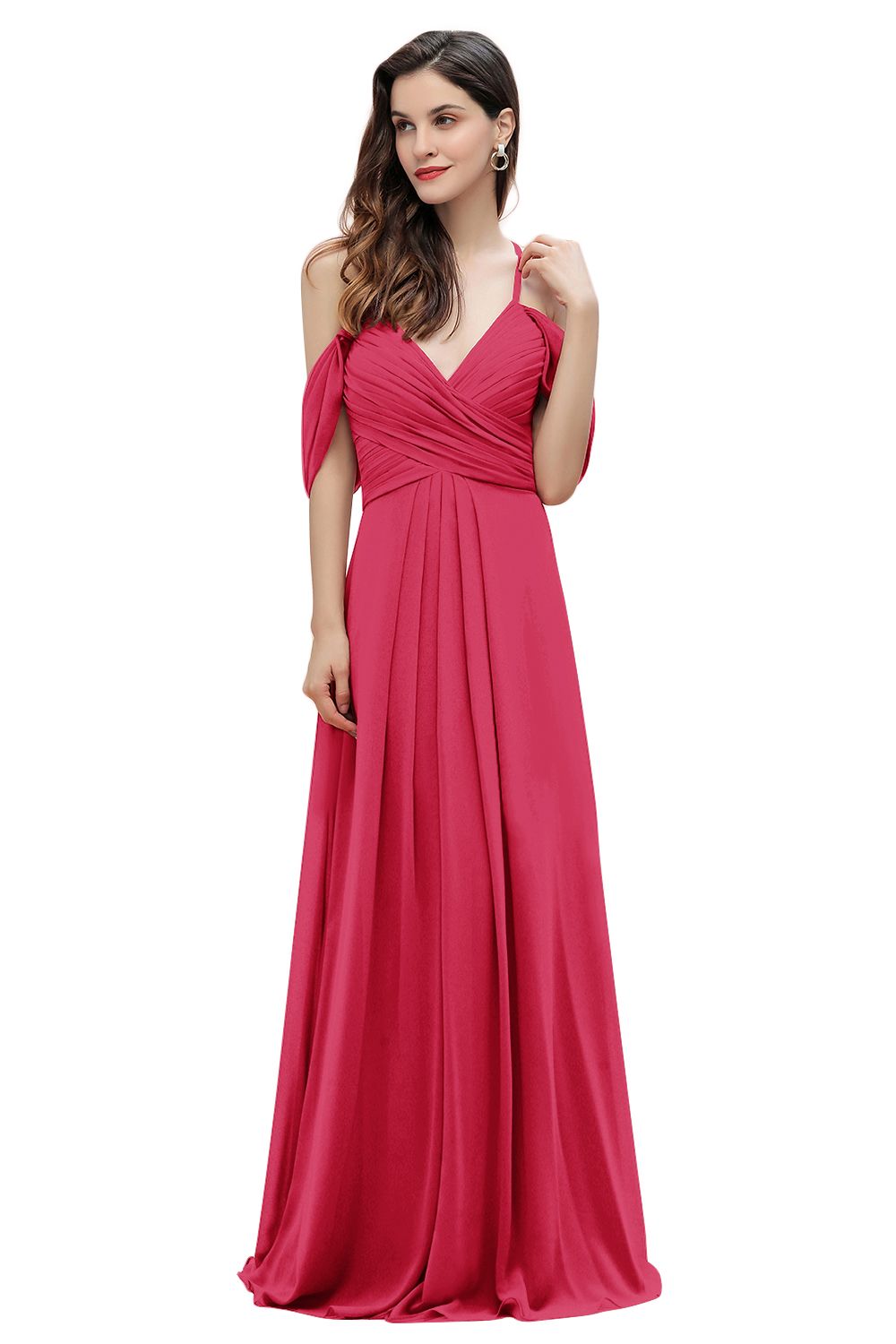 Elegant A-line Off-the-Shoulder V-neck Ruched Long Bridesmaid Dress-27prom