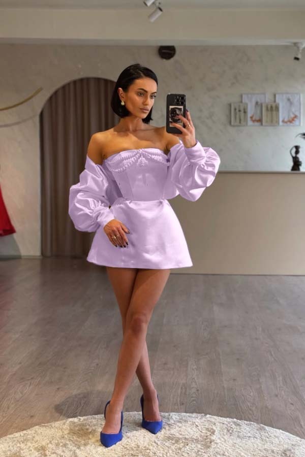 Spaghetti Strap Long Sleeves A Line Prom Dress With Beading