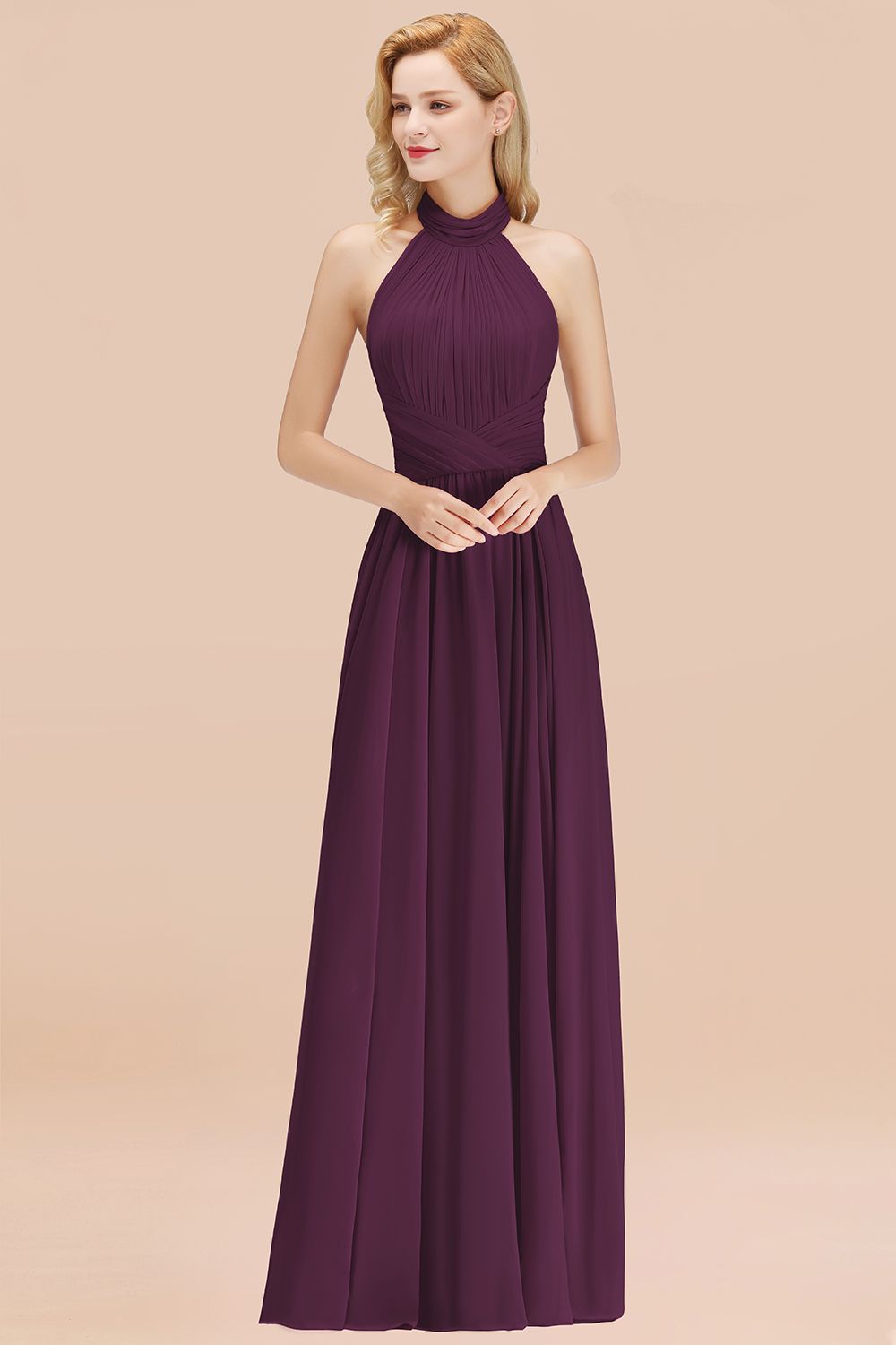 27prom Gorgeous High-Neck Halter Backless Bridesmaid Dress Dusty Rose Chiffon Maid of Honor Dress-27prom