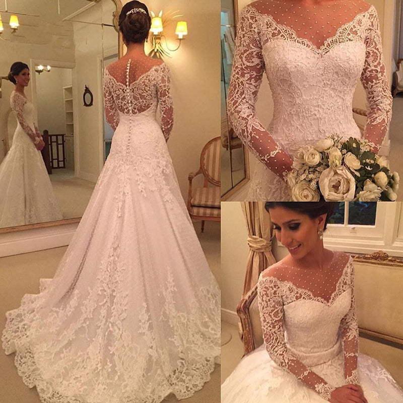 Glamorous Long Sleeve Princess Wedding Dress with Lace Appliques and Pearls