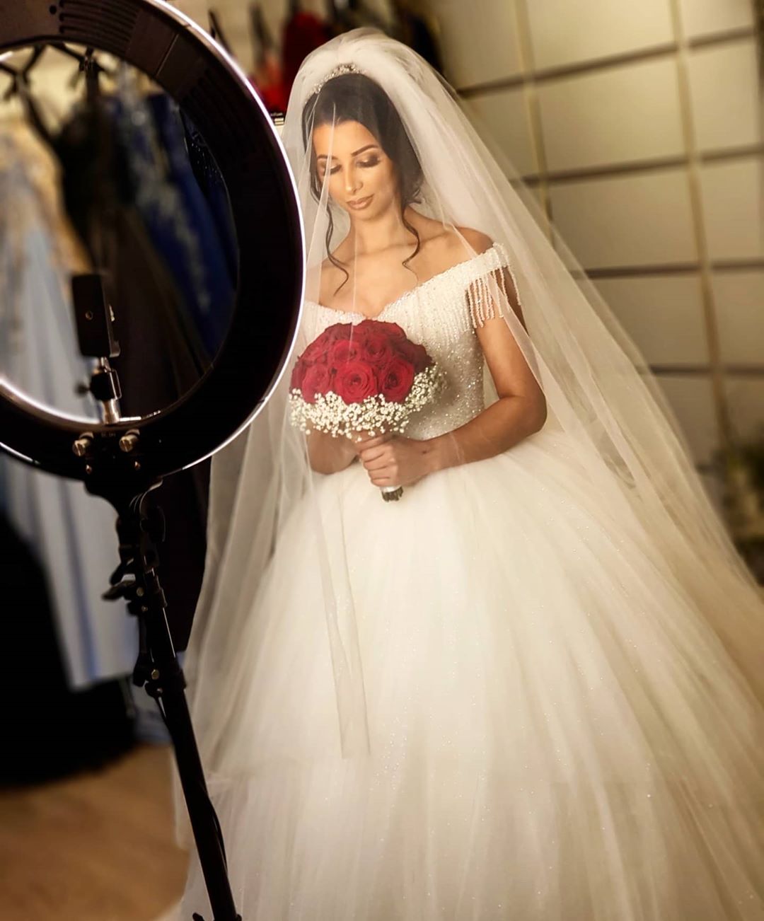 Off-the-shoulder Backless Wedding Dress With Beading Details Tassel Tulle