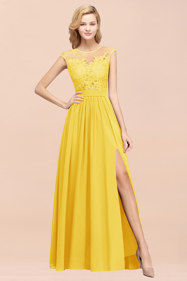 27prom Affordable Scoop Lace Appliques Yellow Bridesmaid Dresses with Slit-27prom