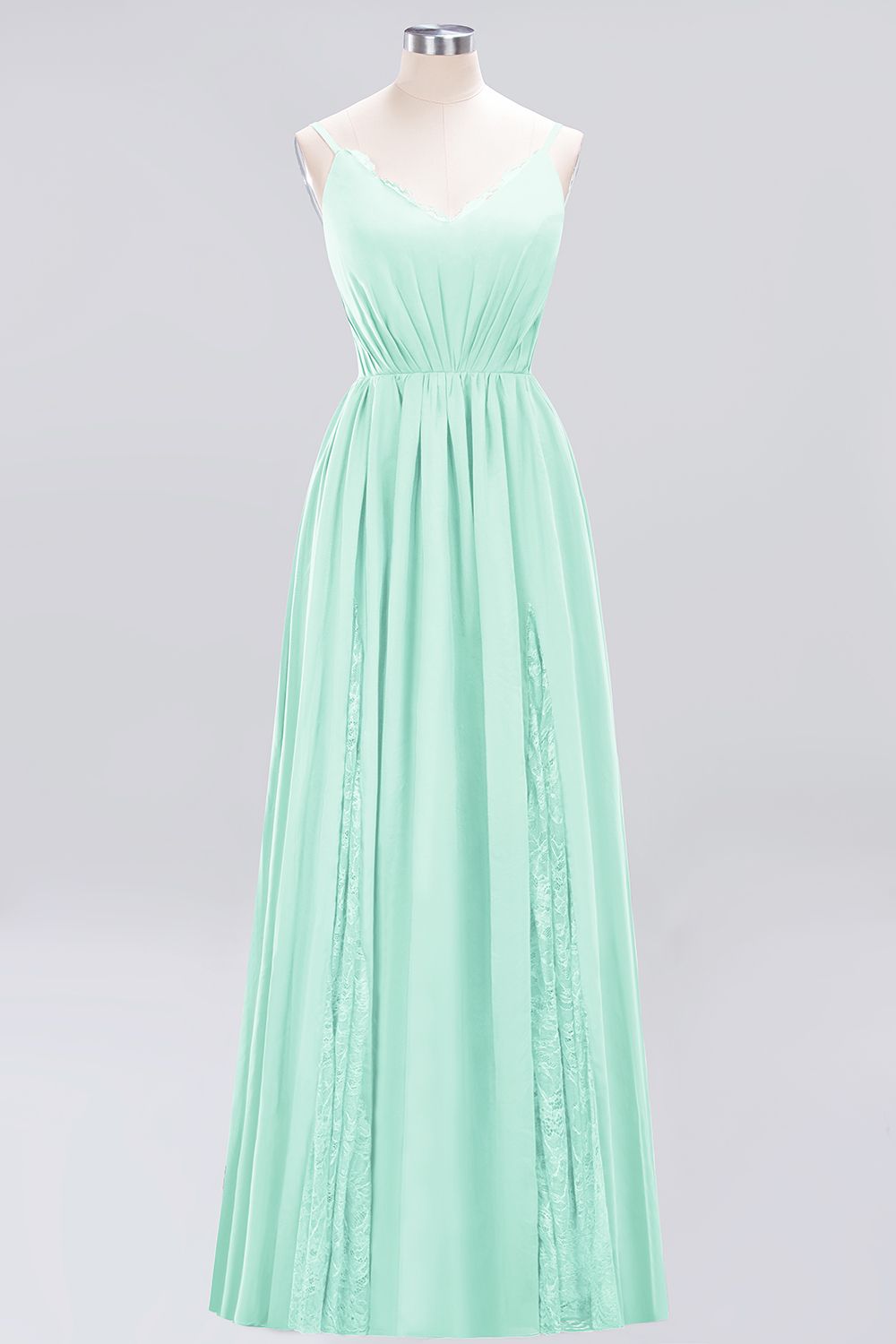 27prom Elegant Spaghetti Straps Long Bridesmaid Dress Lace V-Neck Maid of Honor Dress-27prom