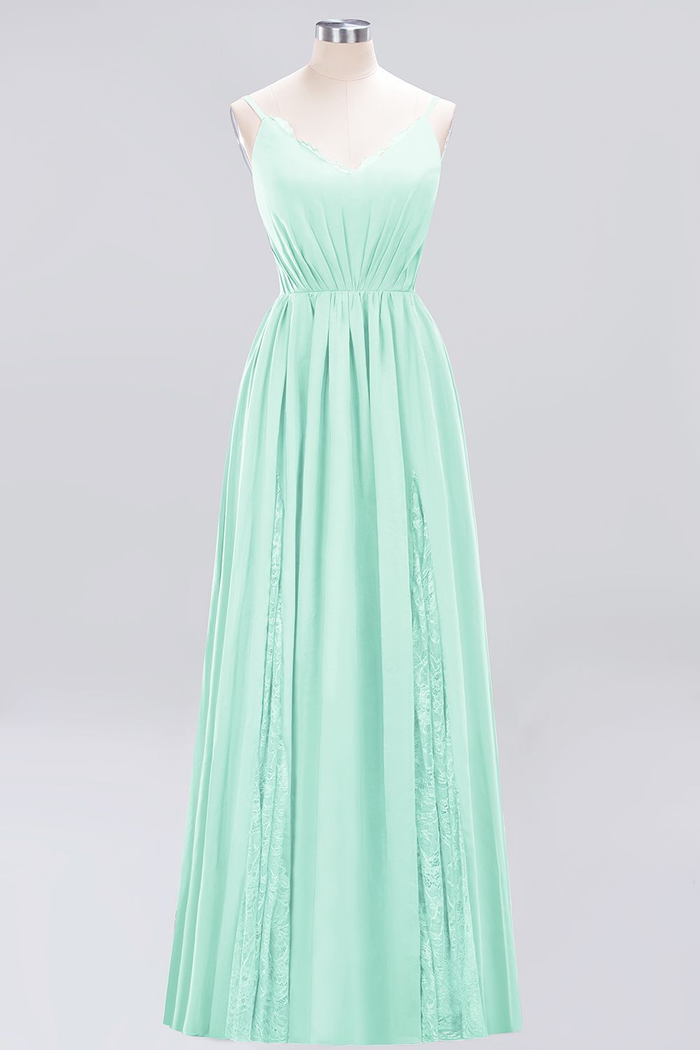 27prom Elegant Spaghetti Straps Long Bridesmaid Dress Lace V-Neck Maid of Honor Dress-27prom