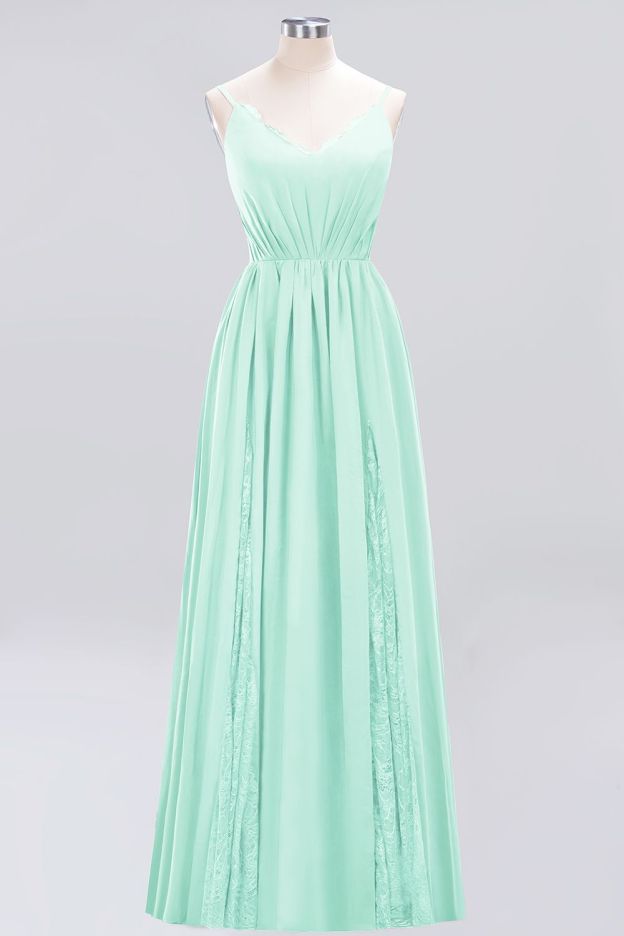 27prom Elegant Spaghetti Straps Long Bridesmaid Dress Lace V-Neck Maid of Honor Dress-27prom