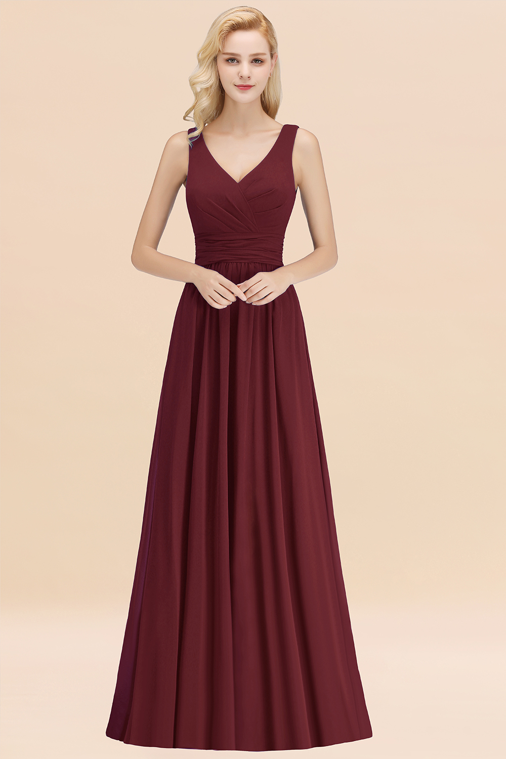 27prom Modest Sleeveless V-Neck Long Chiffon Bridesmaid Dress Online with Ruffle-27prom