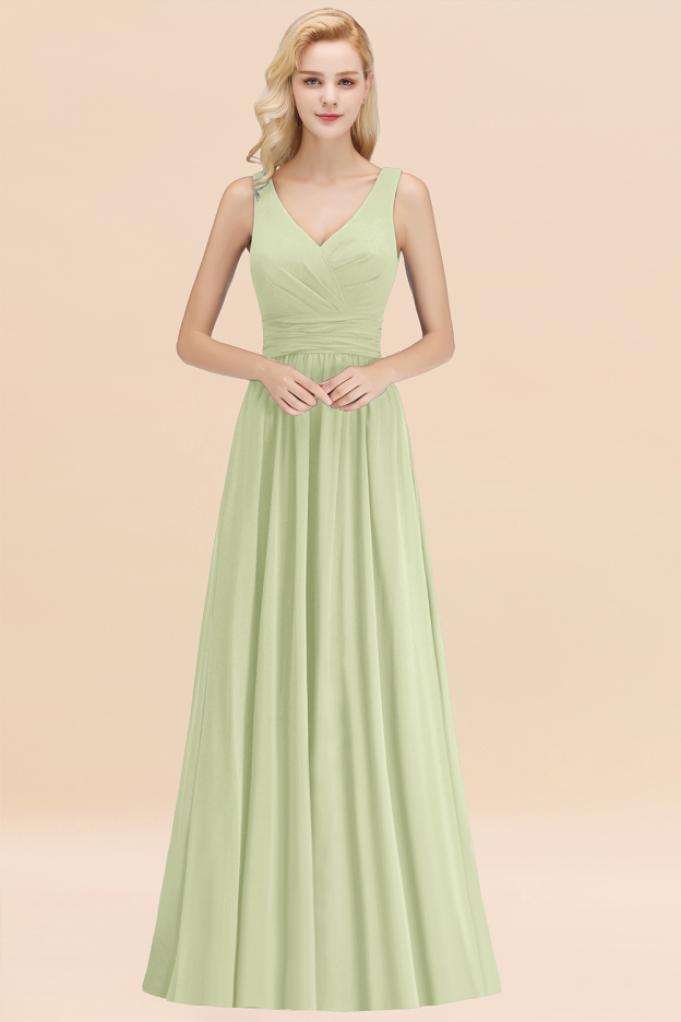 27prom Modest Sleeveless V-Neck Long Chiffon Bridesmaid Dress Online with Ruffle-27prom