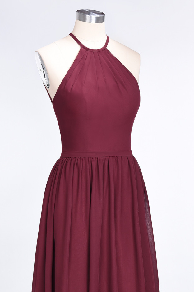 27prom Affordable Halter Sleeveless Long Burgundy Bridesmaid Dress with Ruffle-27prom