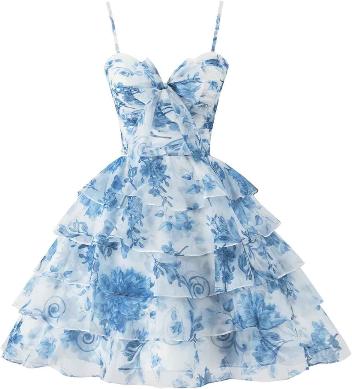 SoDigne Tiered Ruffles Short Homecoming Dresses with Bow Corset Floral Print Mini Cocktail Party Gown