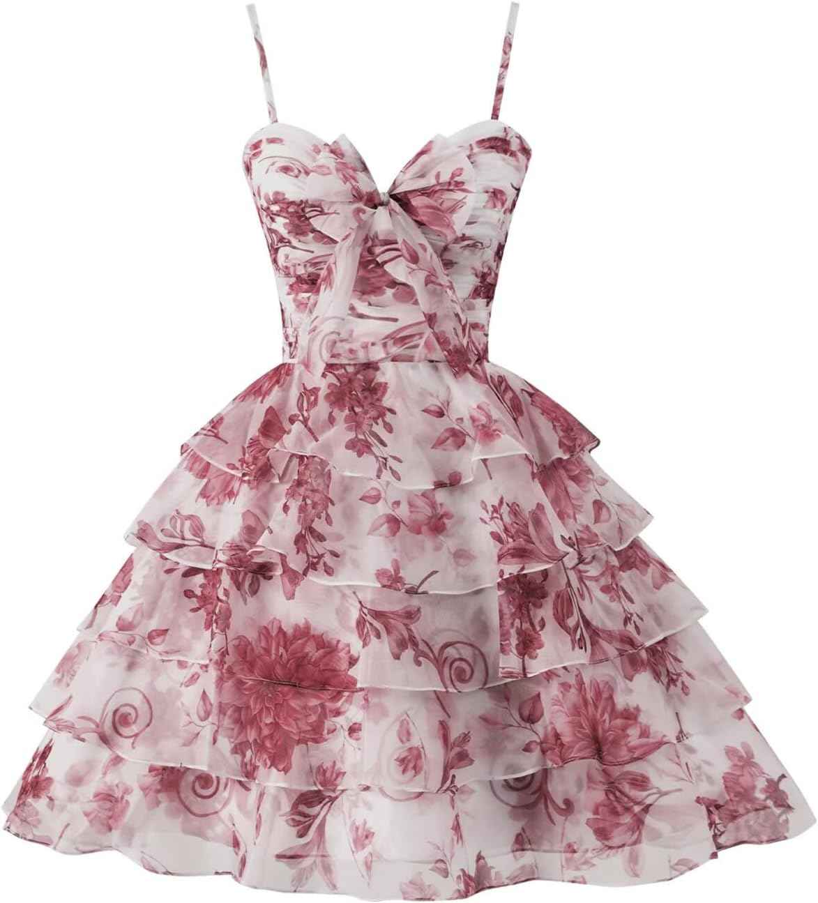 SoDigne Tiered Ruffles Short Homecoming Dresses with Bow Corset Floral Print Mini Cocktail Party Gown
