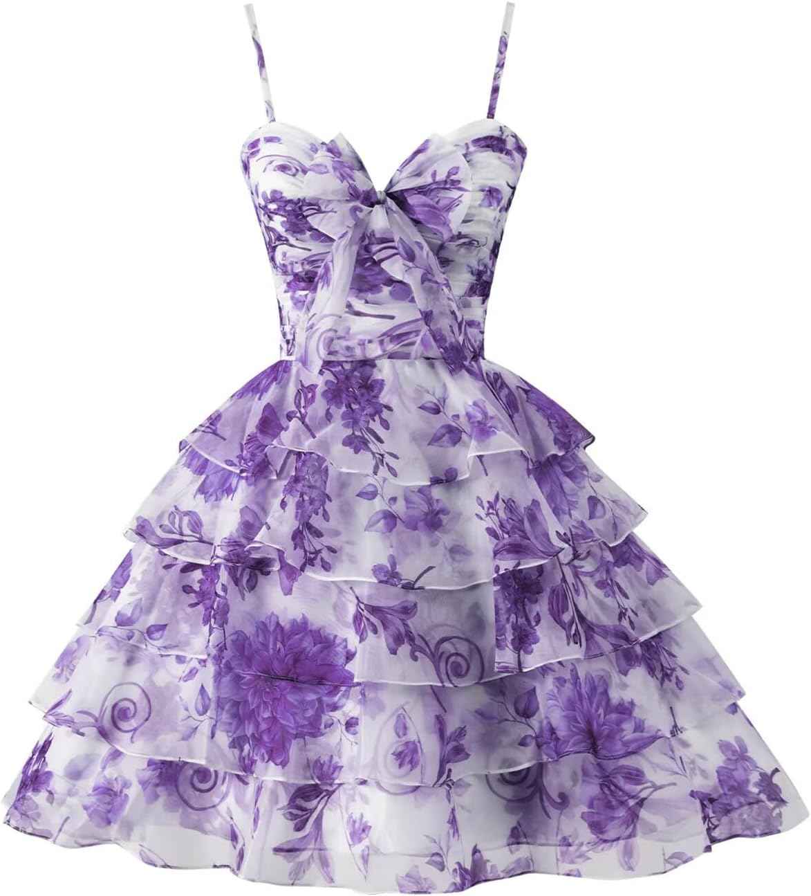 SoDigne Tiered Ruffles Short Homecoming Dresses with Bow Corset Floral Print Mini Cocktail Party Gown