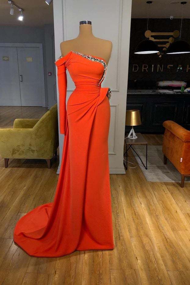 Orange Long Sleeves Sequins Long Pleated Mermaid Prom Dress With Beadings
