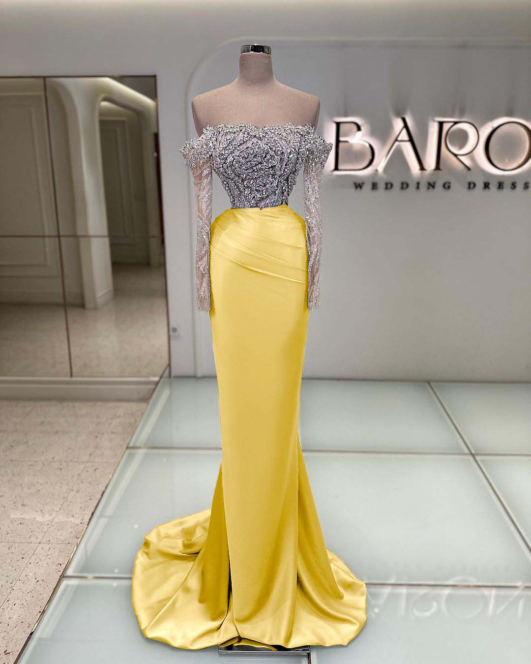 Off the Shoulder Long Sleeves  Long Mermaid Prom Dress With Beading