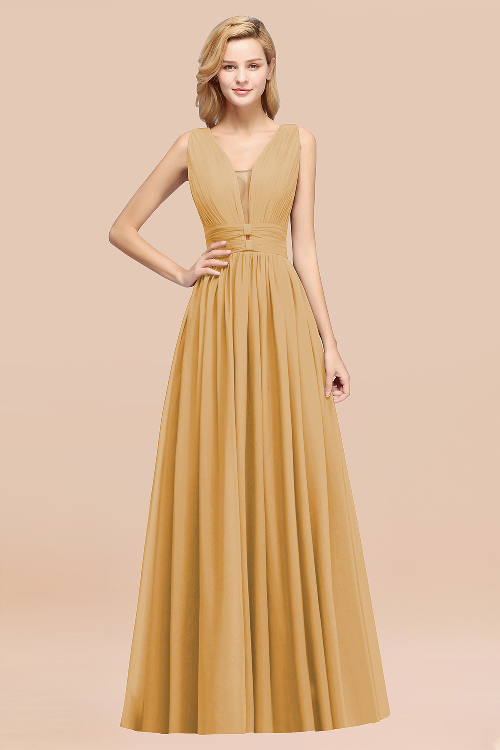 27prom Modest Dark Green Long Bridesmaid Dress Deep V-Neck Chiffon Maid of Honor Dress-27prom