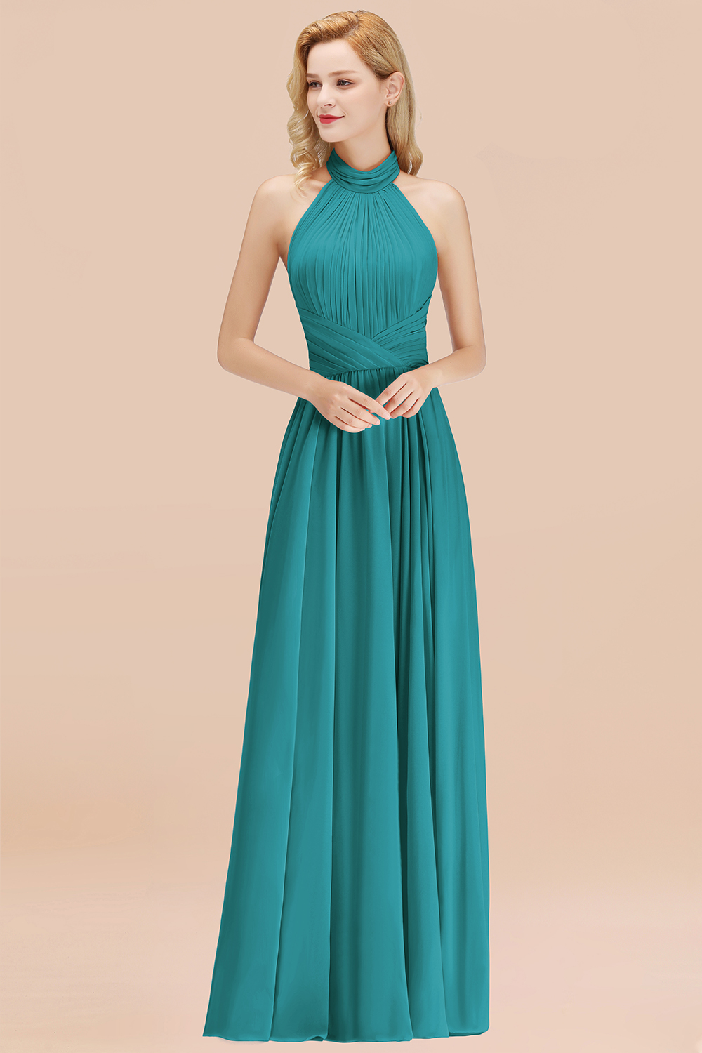 27prom Gorgeous High-Neck Halter Backless Bridesmaid Dress Dusty Rose Chiffon Maid of Honor Dress-27prom