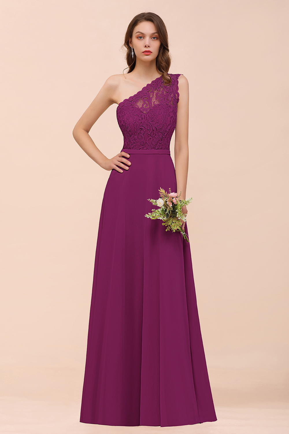 27prom New Arrival Dusty Rose One Shoulder Lace Long Bridesmaid Dress-27prom