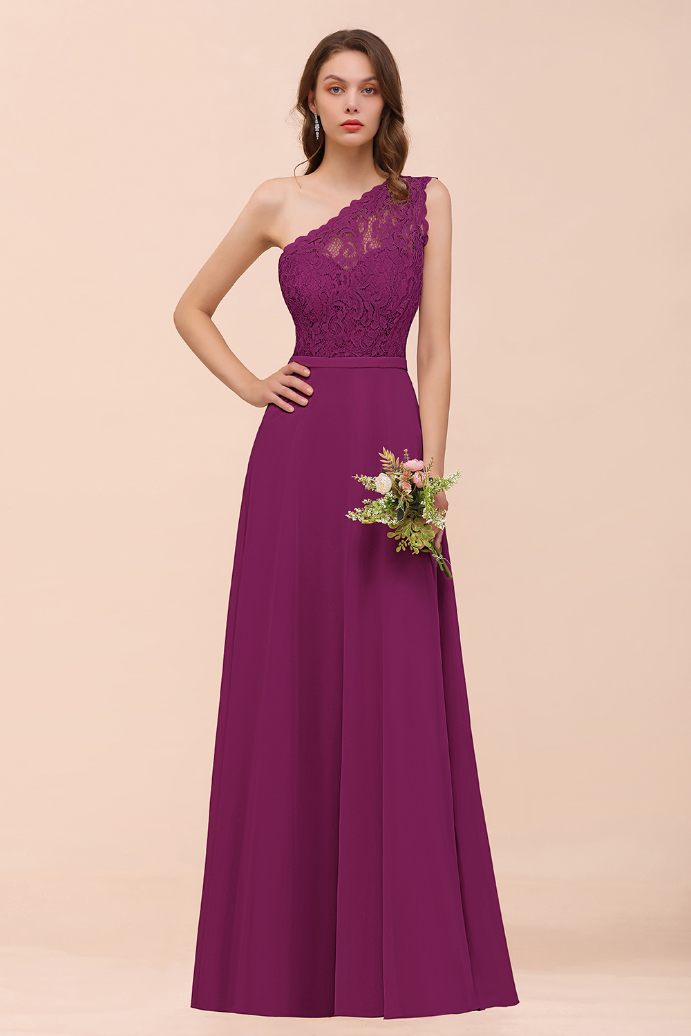 27prom New Arrival Dusty Rose One Shoulder Lace Long Bridesmaid Dress-27prom