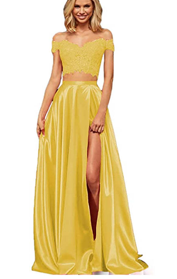 Off-the-Shoulder Two Pieces Prom Dress with Appliques and Slit