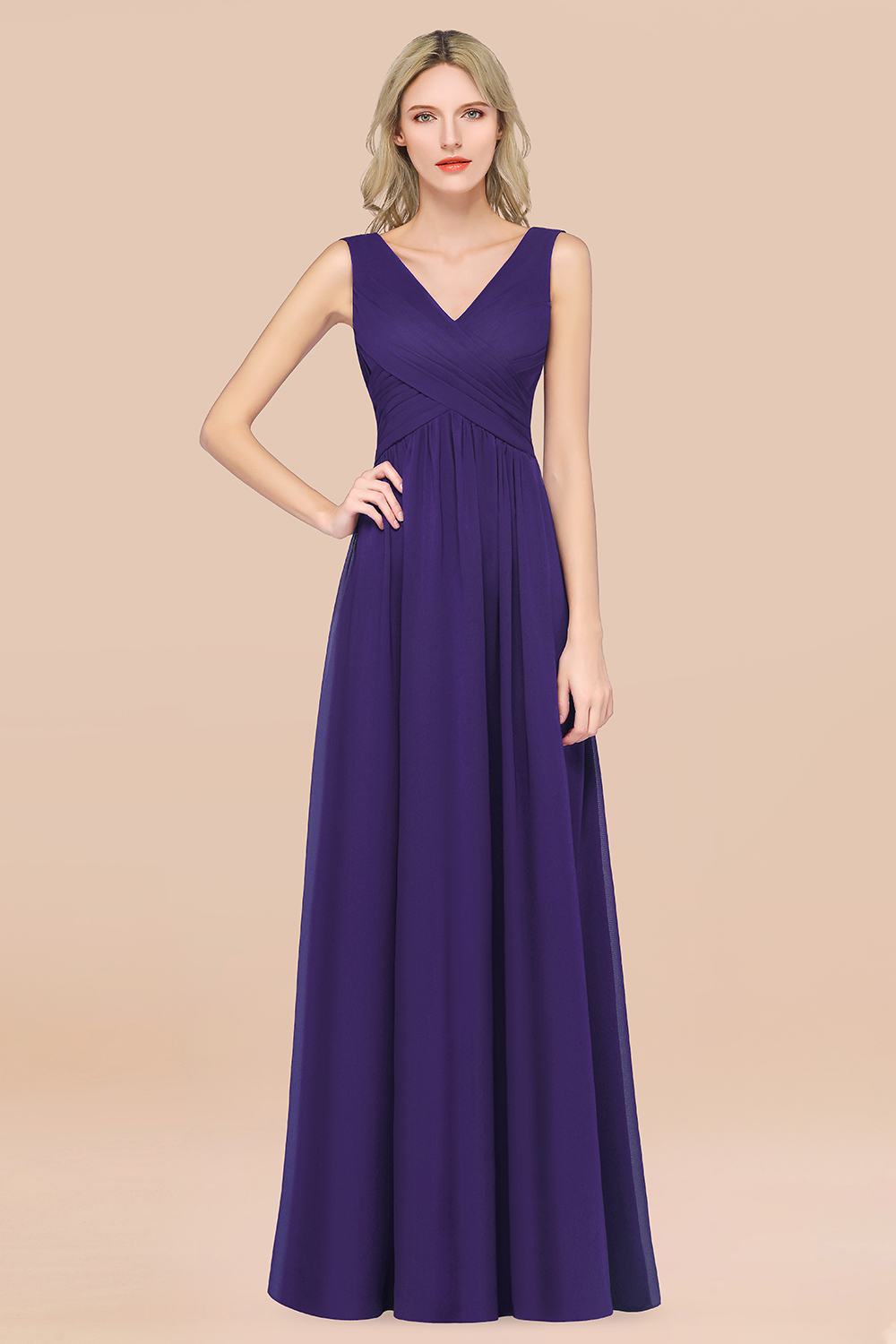 27prom Glamorous Chiffon V-Neck Sleeveless Burgundy Bridesmaid Dress with Draped Back-27prom