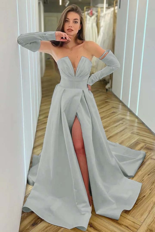 Chic White A Line V Neck Long Sleeves High Waist Long Prom Dress With Split