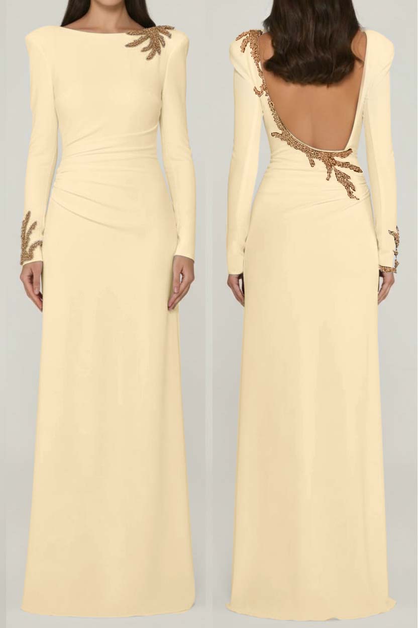 Long Sleeves Long Backless Prom Dress With Appliques Pleated