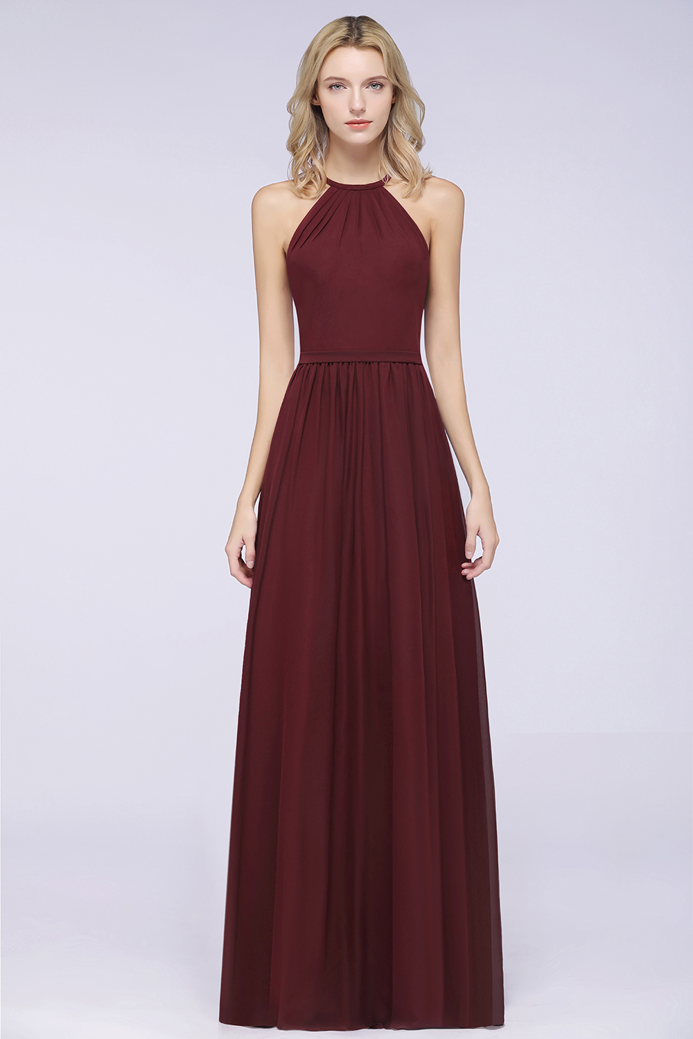 27prom Affordable Halter Sleeveless Long Burgundy Bridesmaid Dress with Ruffle-27prom