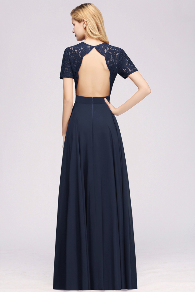 27prom Dark Navy Open-Back Long Bridesmaid Dress With Short Sleeves-27prom