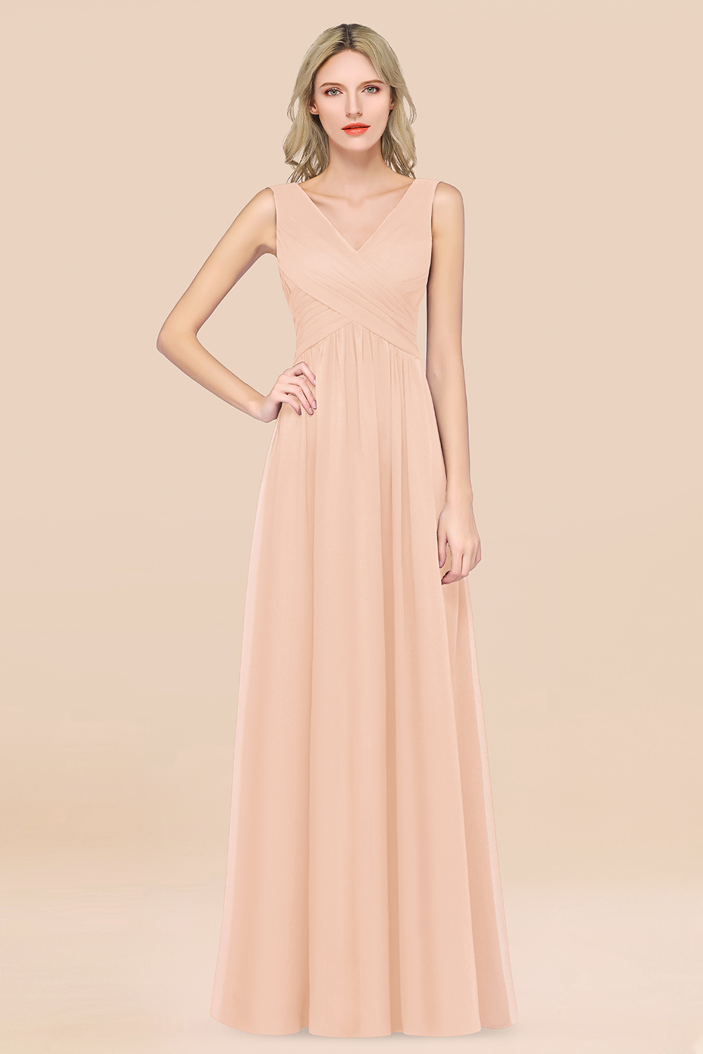 27prom Glamorous Chiffon V-Neck Sleeveless Burgundy Bridesmaid Dress with Draped Back-27prom