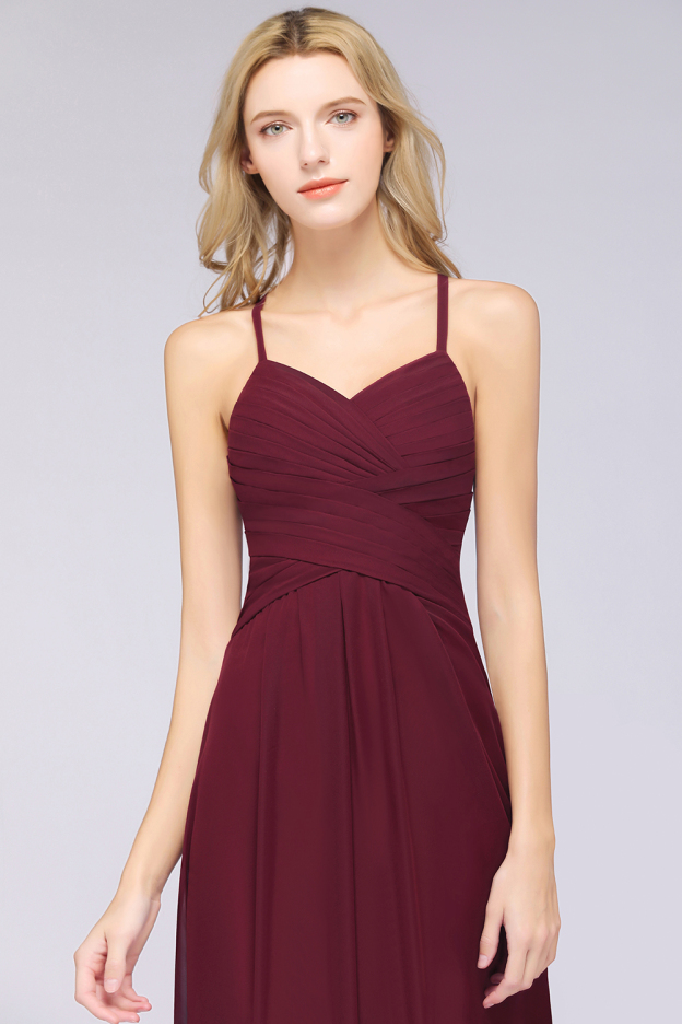 27prom Affordable Spaghetti Straps V-Neck Burgundy Chiffon Bridesmaid Dress with Keyhole Back-27prom