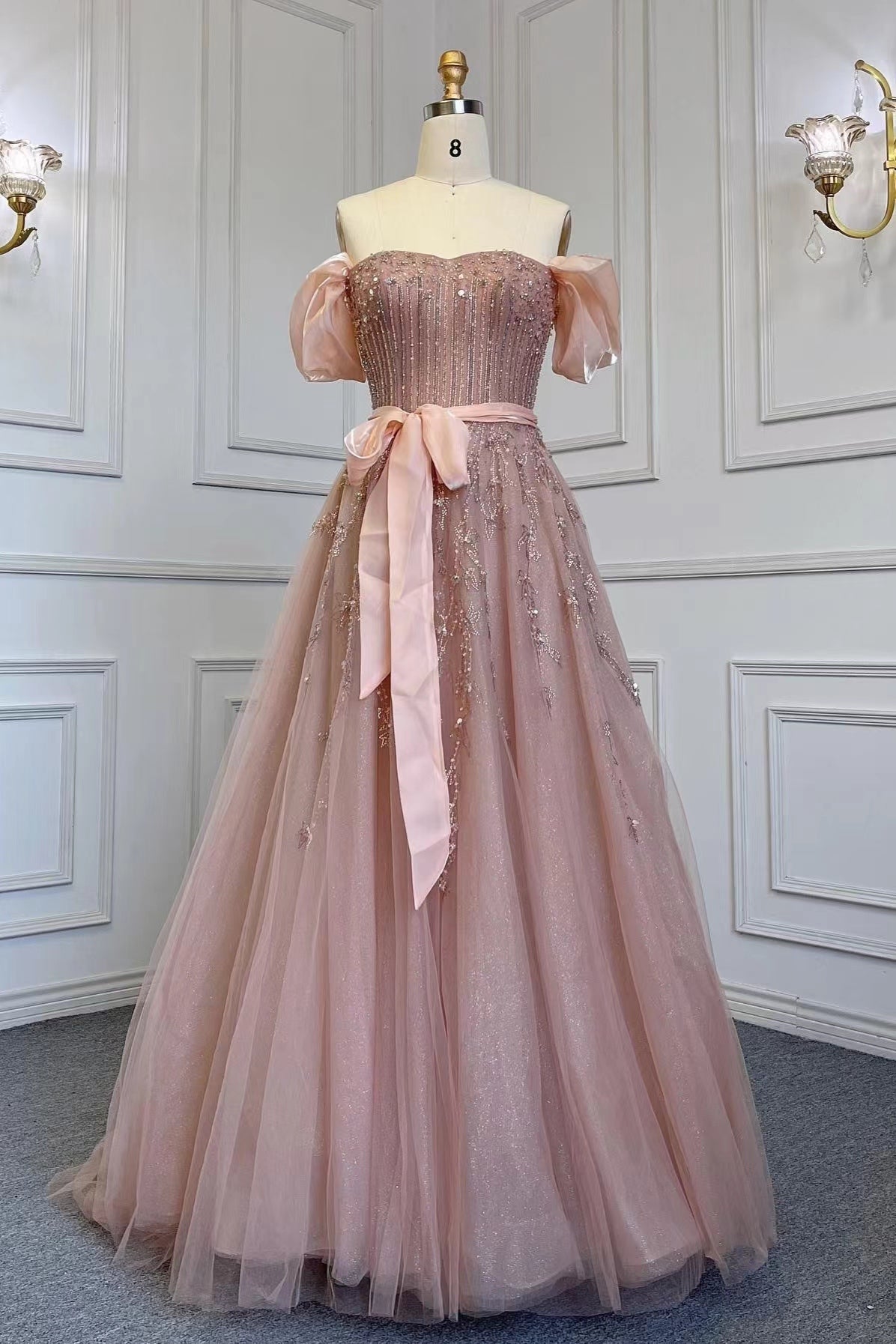Pink Off-the-Shoulder Bubble Sleeve Prom Dress with Sequins and Tulle Belt