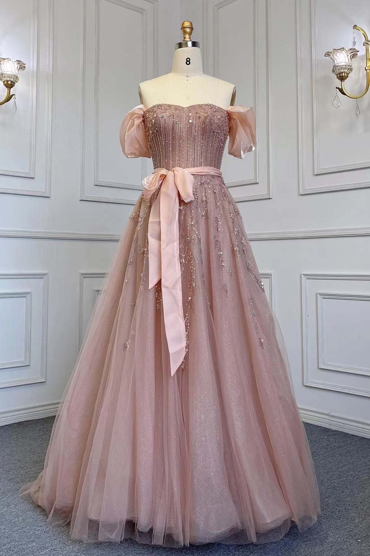 Pink Off-the-Shoulder Bubble Sleeve Prom Dress with Sequins and Tulle Belt