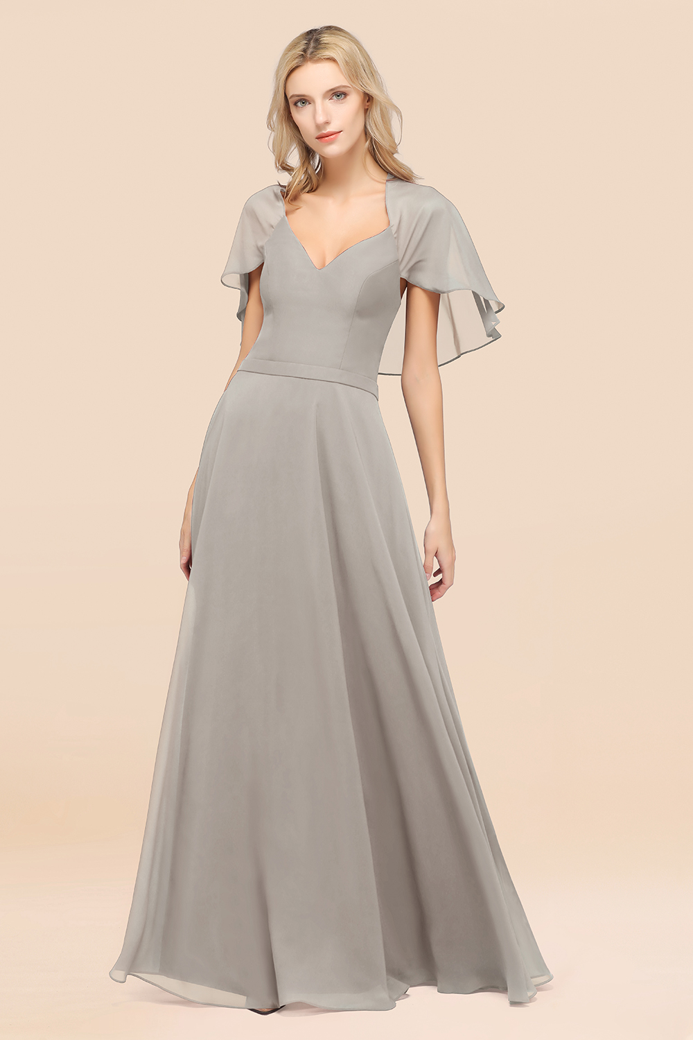 27prom Chic Satin V-Neck Long Burgundy Chiffon Bridesmaid Dress with Flutter Sleeve-27prom