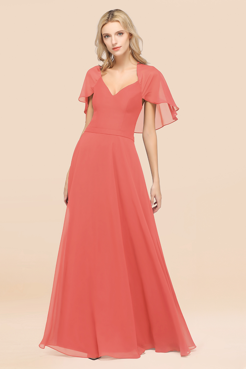 27prom Chic Satin V-Neck Long Burgundy Chiffon Bridesmaid Dress with Flutter Sleeve-27prom