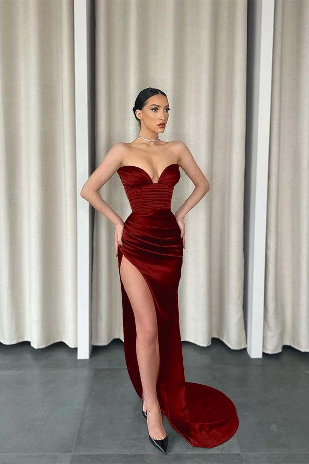 Mermaid Dark Green Sweetheart Sleeveless Pleated Long Prom Dress With Split