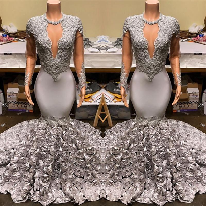 Elegant Long Sleeve V-Neck Mermaid Prom Dress with Appliqued Flowers