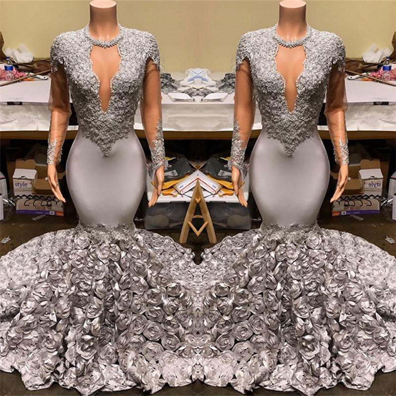Elegant Long Sleeve V-Neck Mermaid Prom Dress with Appliqued Flowers